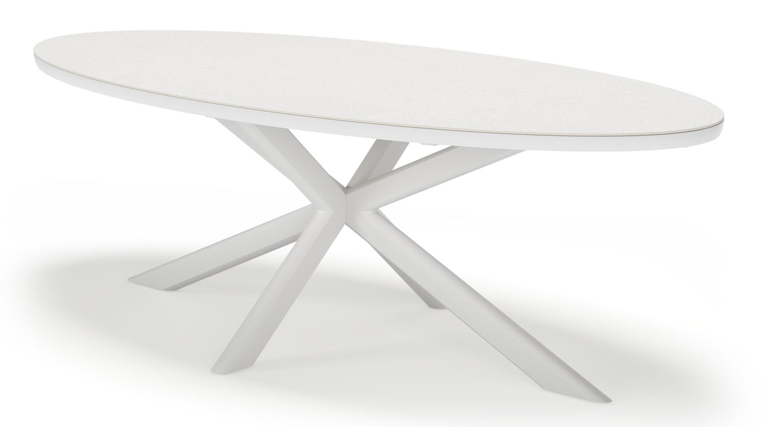 Pamplona ovale tuinset in wit aluminium en sintered stone topo minerale met 8 Amalfi tuinstoelen