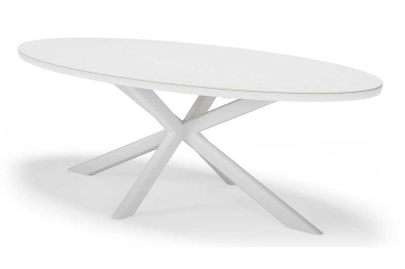 Pamplona ovale tuinset in wit aluminium en sintered stone topo minerale met 8 Amalfi tuinstoelen