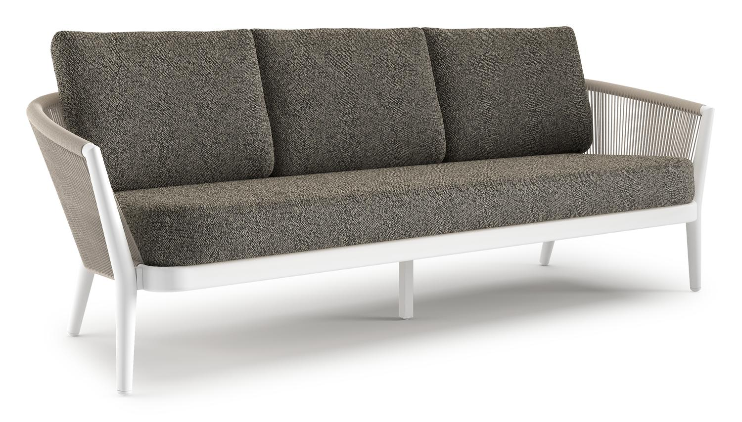 Canapé de jardin Orso en aluminium blanc en corde ronde tissée verticalement beige et coussins en all weather cosytica Marbella Tunder