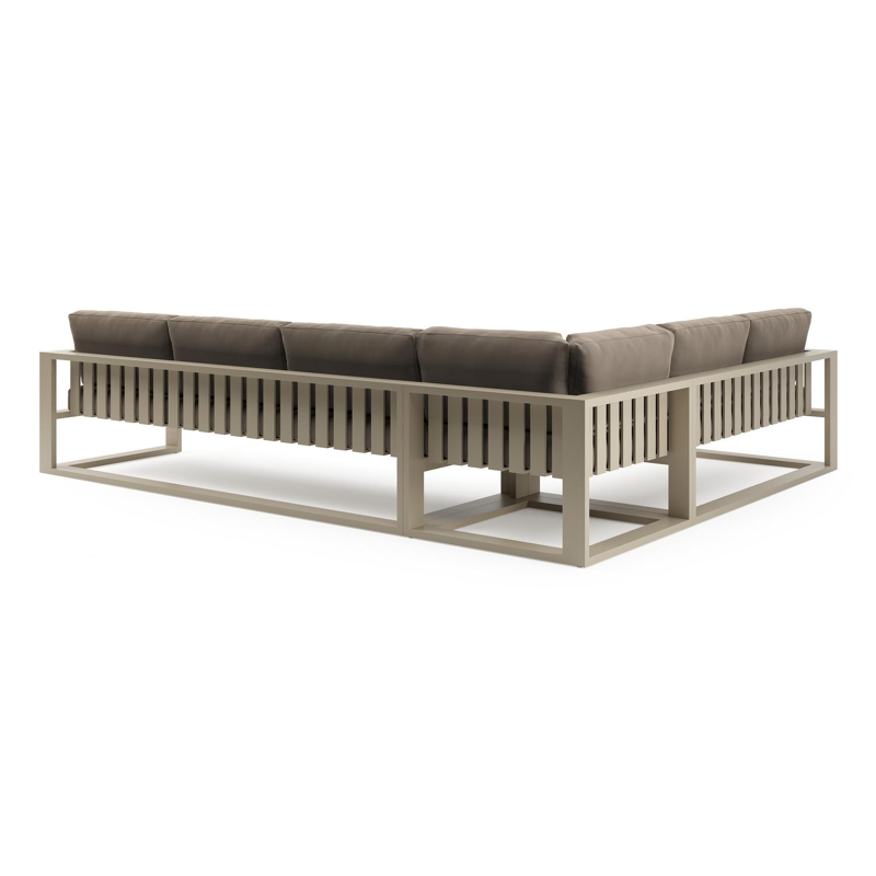 Verato loungehoek in beige aluminium met natte heather grey all weather sunbrella® luxe kussen