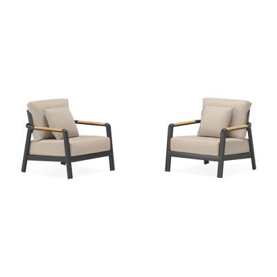 Set van 2 Salamanca loungestoelen 2 x 1-zit in zwart aluminium en teak met desert weather+ softtouch kussen