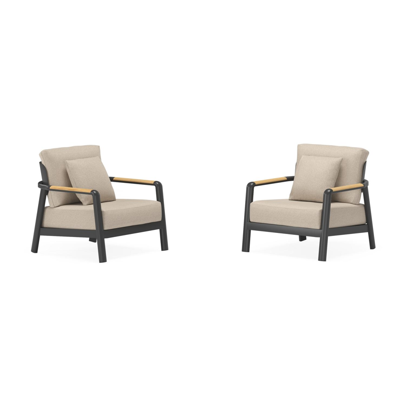 Set van 2 Salamanca loungestoelen 2 x 1-zit in zwart aluminium en teak met desert weather+ softtouch kussen