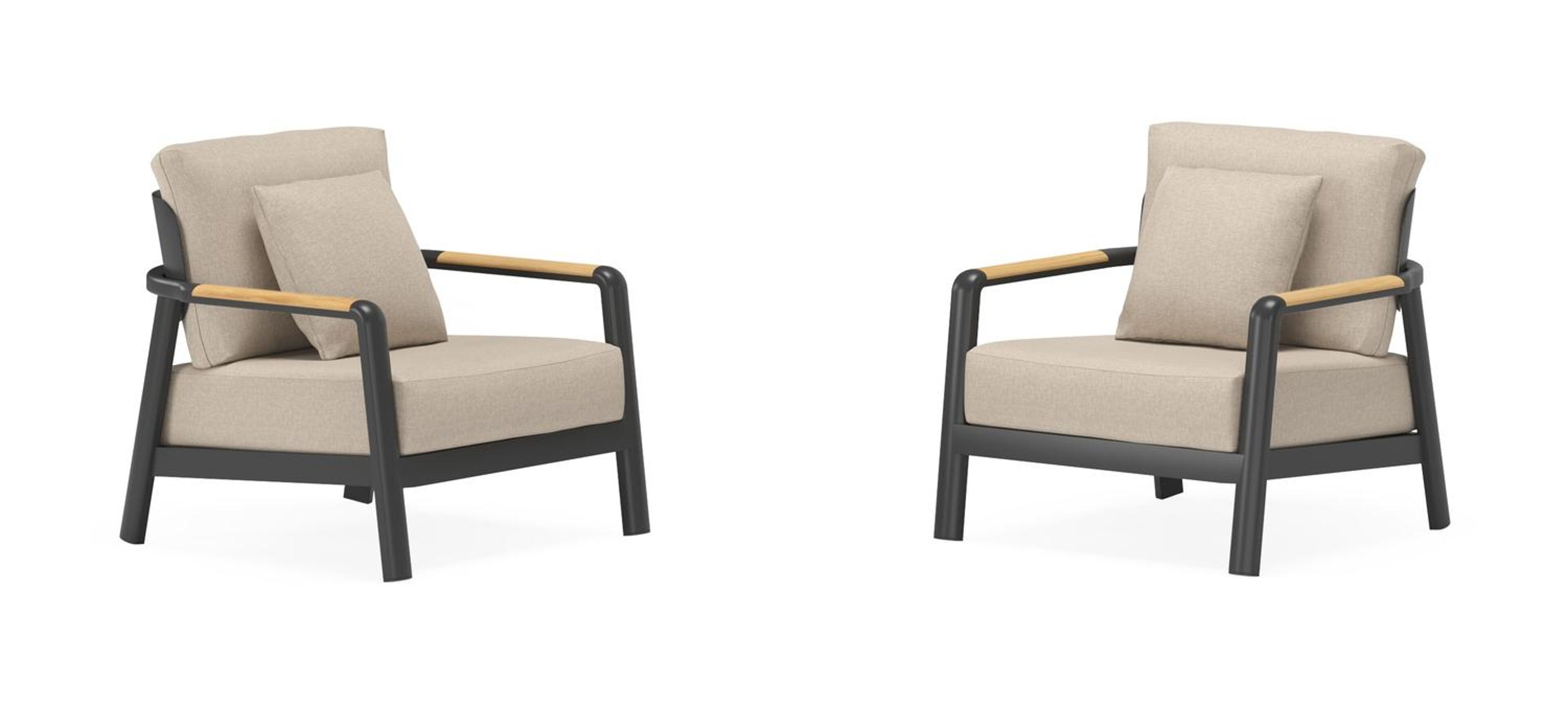 Set van 2 Salamanca loungestoelen 2 x 1-zit in zwart aluminium en teak met desert weather+ softtouch kussen