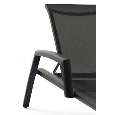 Chaise longue réglable Bari en aluminium noir avec textilène noir avec accoudoir