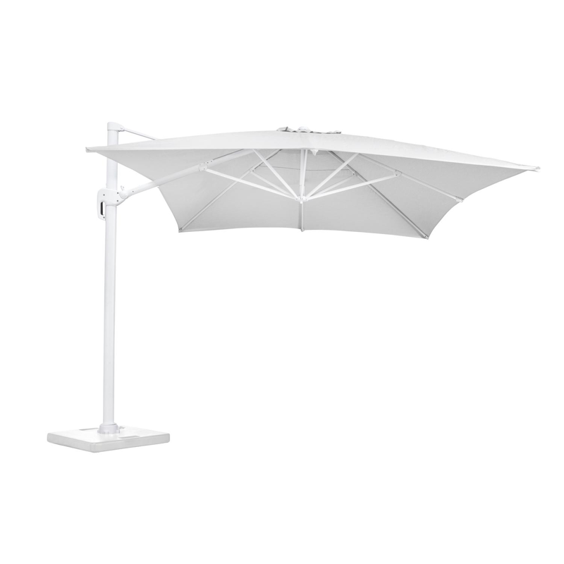 Rufina zweefparasol in wit aluminium met natte white all weather sunbrella® luxe parasoldoek - L1: 300 x L2: 400 cm (met voet)