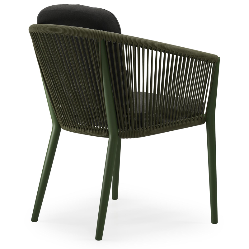 Chaise de jardin Orso en aluminium vert et corde ronde tissée verticalement vert avec coussin luxe en All Weather Sunbrella® Luxe Natte Sooty