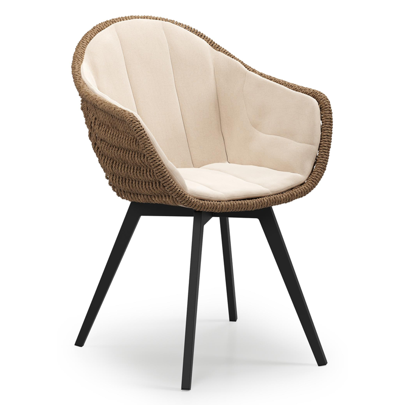 Pagino tuinstoel in zwart aluminium en bruin ronde wicker met zitkussen in All Weather Sunbrella® Luxe Natte Linen Chalk