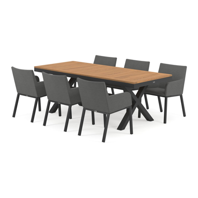 Ensemble de jardin Reza en aluminium noir avec plateau de table en teck naturel et 6 chaises de jardin Rivo