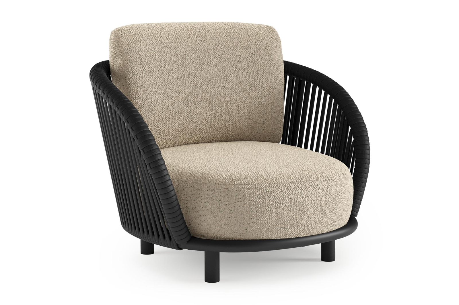 Lupino loungestoel in zwart aluminium en zwart verticaal geweven luxe vlakke brede rope met bora forest all weather cosytica kussen