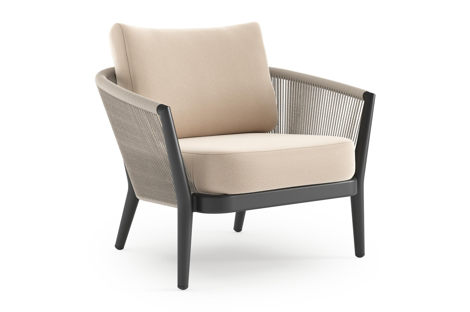 Orso loungestoel in zwart aluminium en beige verticaal geweven ronde rope met Natte Linen Chalk all weather sunbrella® luxe kussen