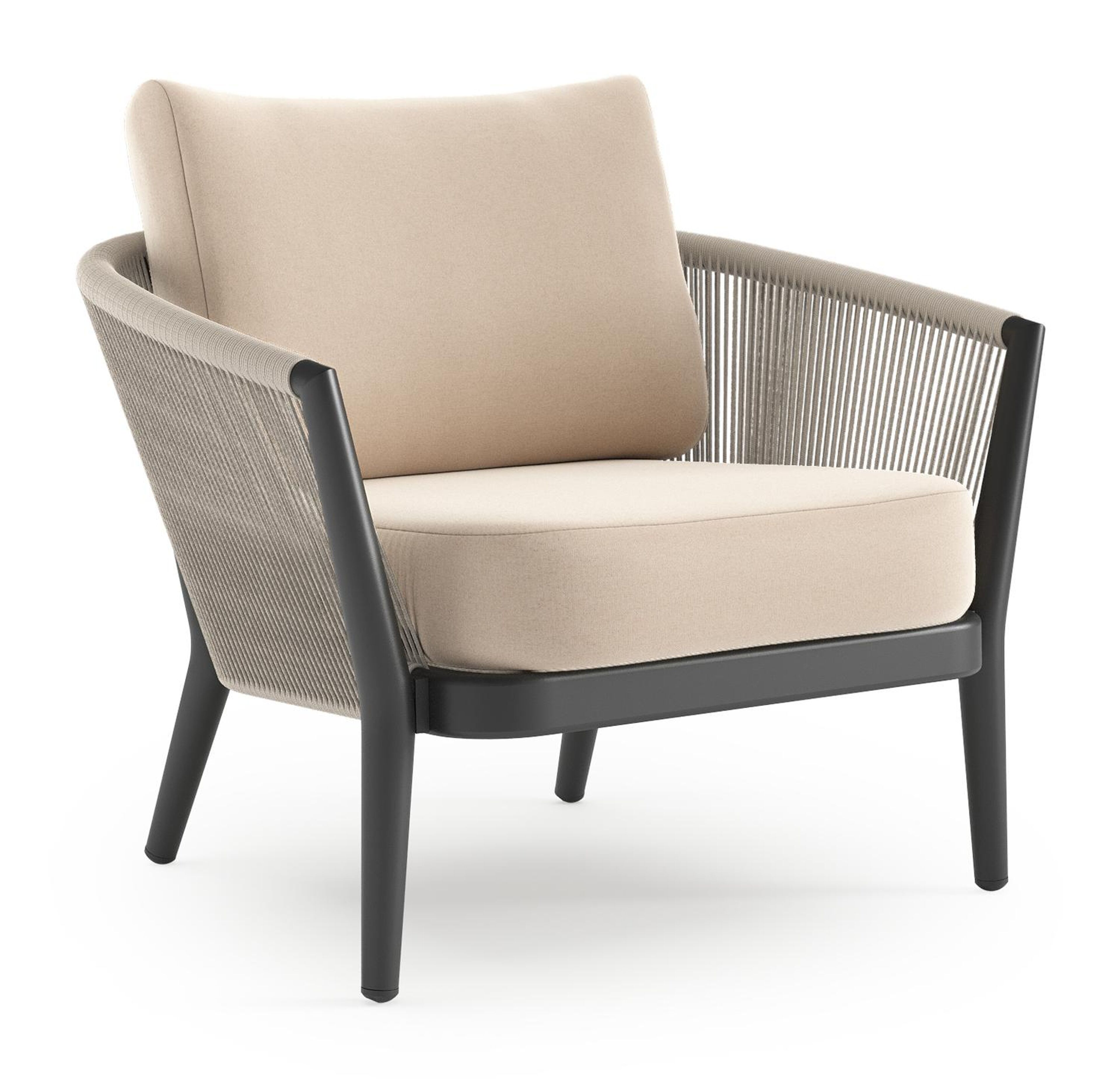 Fauteuil de jardin Orso en aluminium noir en corde ronde tissée verticalement beige et coussins en all weather sunbrella® luxe Natte Linen Chalk