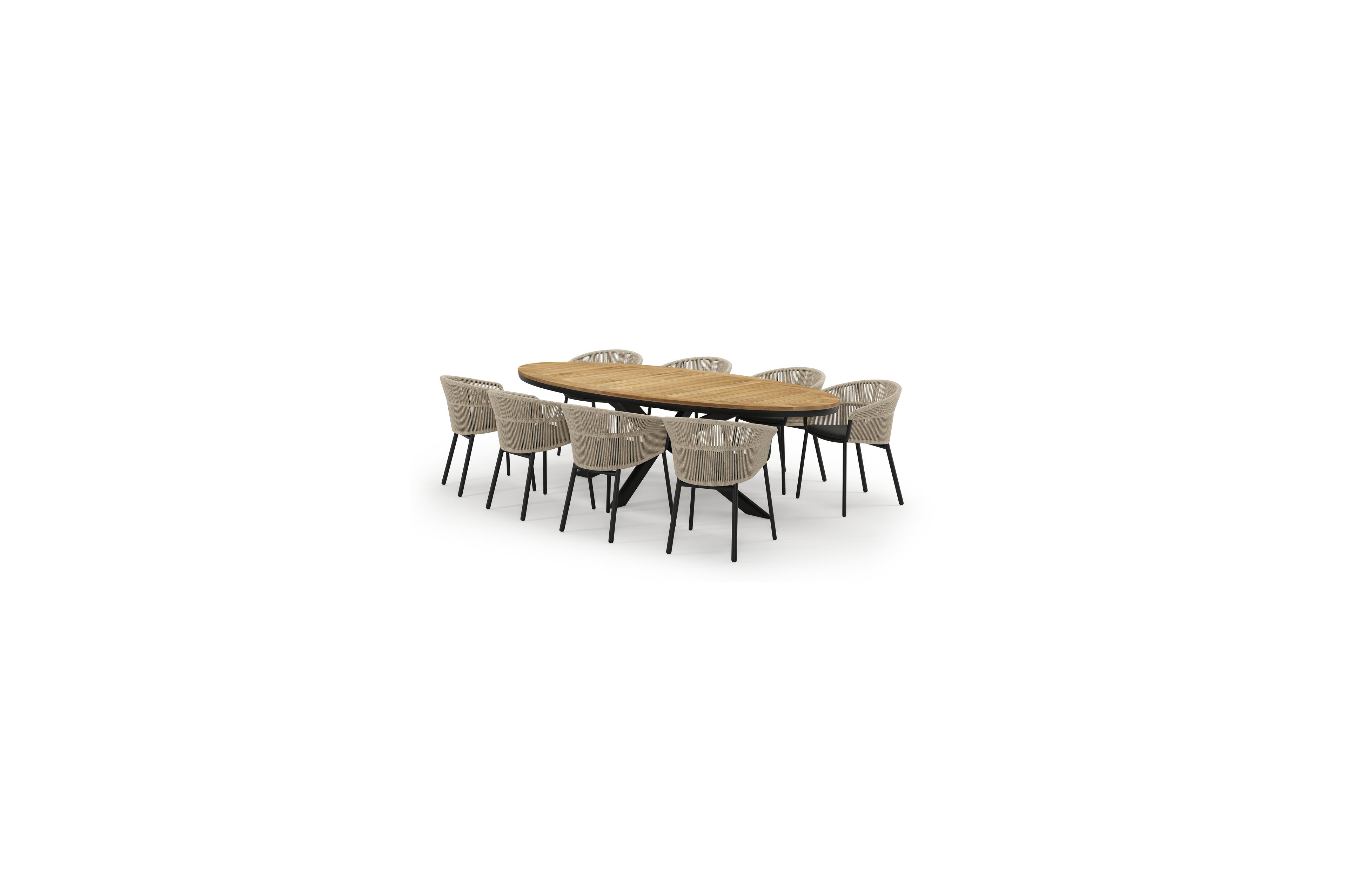 Pamplona ovale tuinset in zwart aluminium en teak natural finish met 8 Matera tuinstoelen