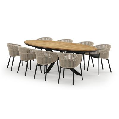 Pamplona ovale tuinset in zwart aluminium en teak natural finish met 8 Matera tuinstoelen