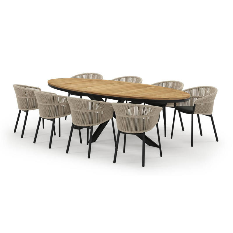 Pamplona ovale tuinset in zwart aluminium en teak natural finish met 8 Matera tuinstoelen