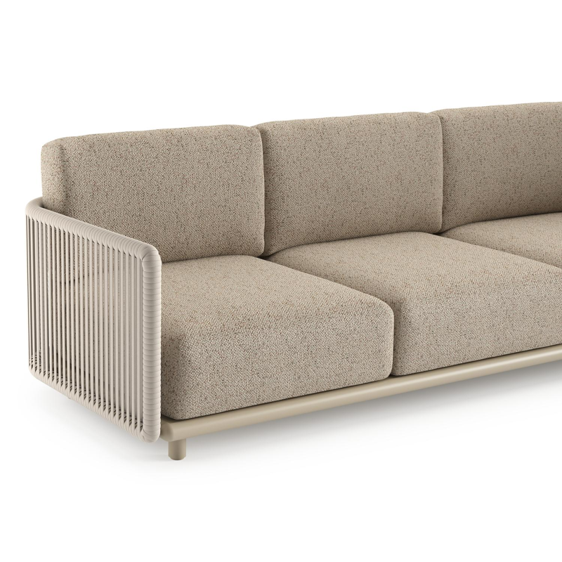 Organo loungebank in beige aluminium en beige verticaal geweven luxe vlakke rope met bora jungle all weather Cosytica kussen