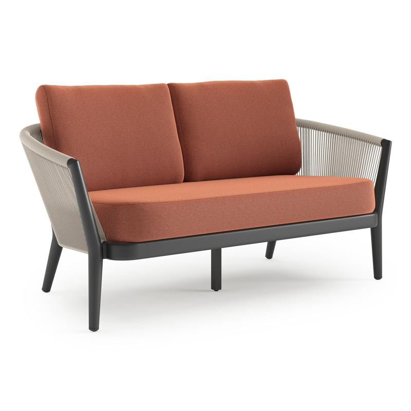 Orso loungebank in zwart aluminium en beige verticaal geweven ronde rope met Heritage Rust all weather sunbrella® luxe kussen