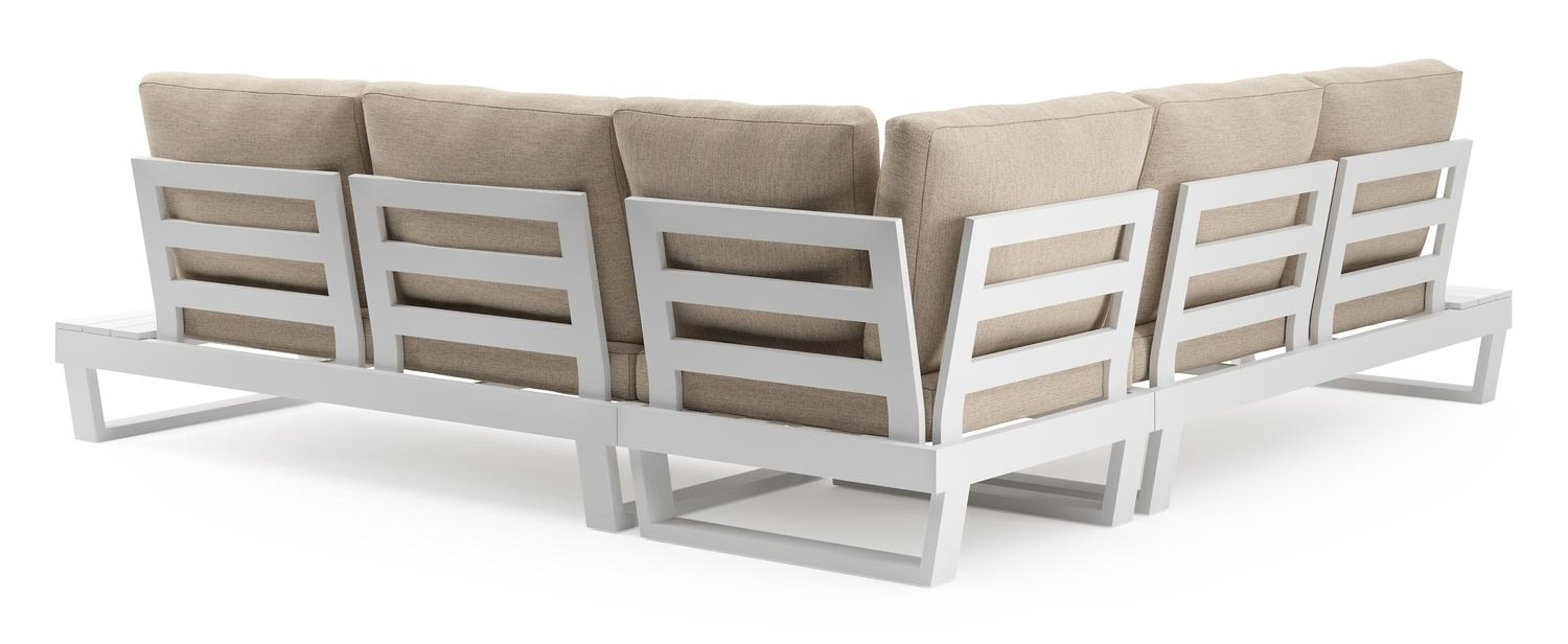 Modica loungehoek in wit aluminium met natte linen chalk all weather sunbrella® premium kussens en loungetafel