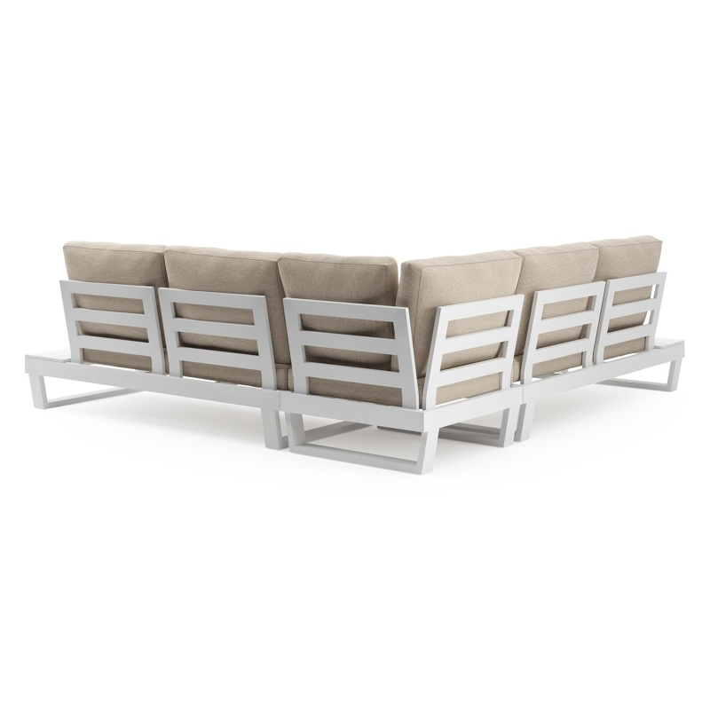 Modica loungehoek in wit aluminium met natte linen chalk all weather sunbrella® premium kussens en loungetafel
