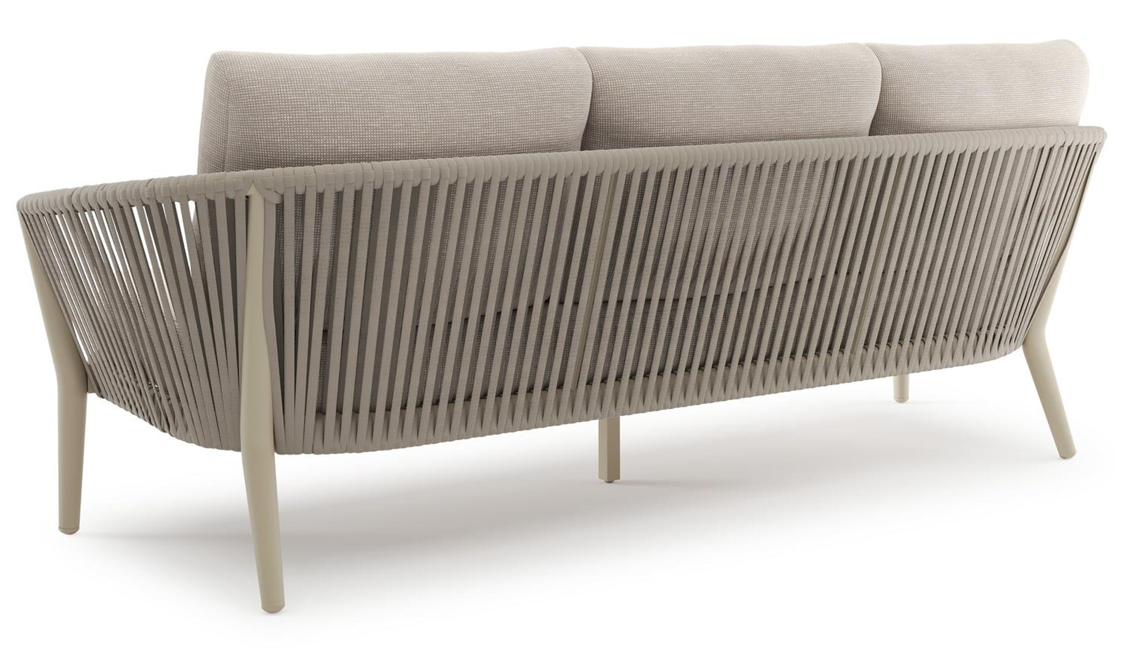 Orso loungebank in beige aluminium en beige verticaal geweven luxe vlakke rope met Slow Farafra all weather sunbrella® luxe kussen