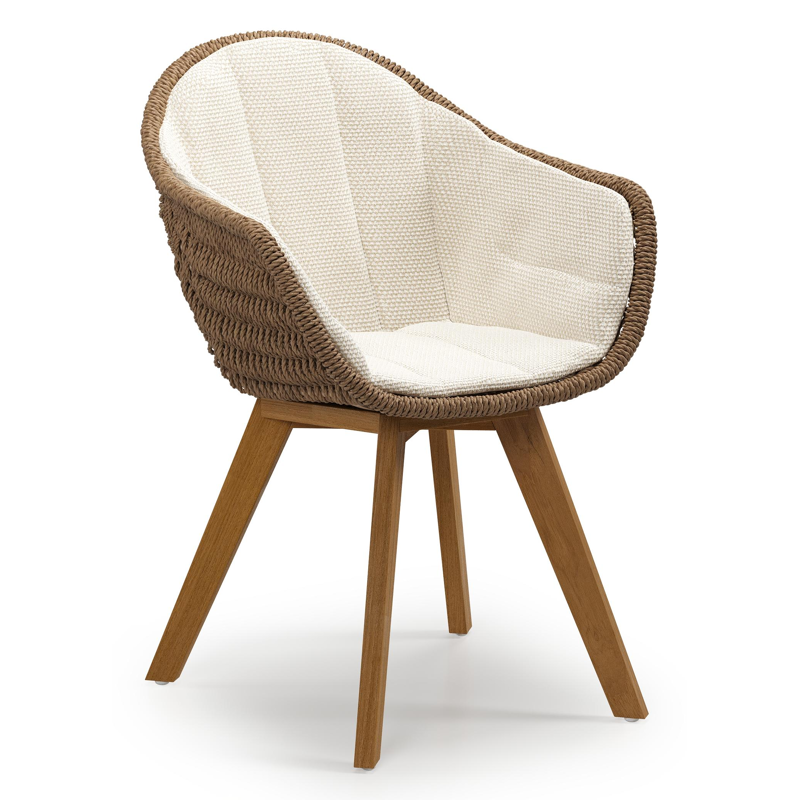 Pagino tuinstoel in teak en bruin ronde wicker met zitkussen in All Weather Cosytica Althea Off White