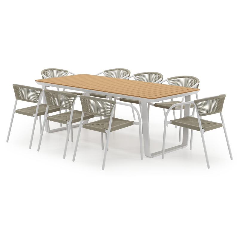 Alora tuinset in wit aluminium en polywood met 8 stapelbare Melo tuinstoelen