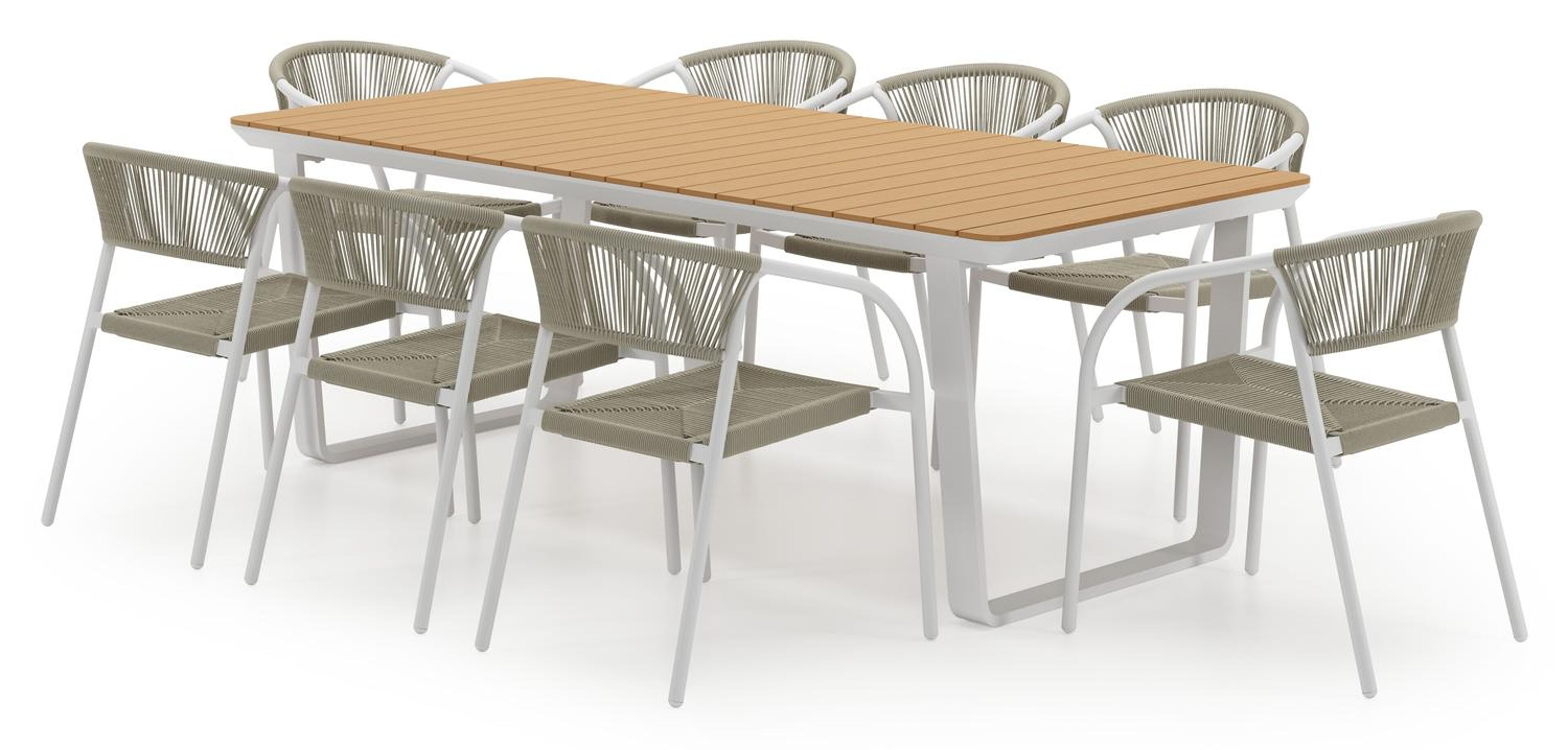 Alora tuinset in wit aluminium en polywood met 8 stapelbare Melo tuinstoelen