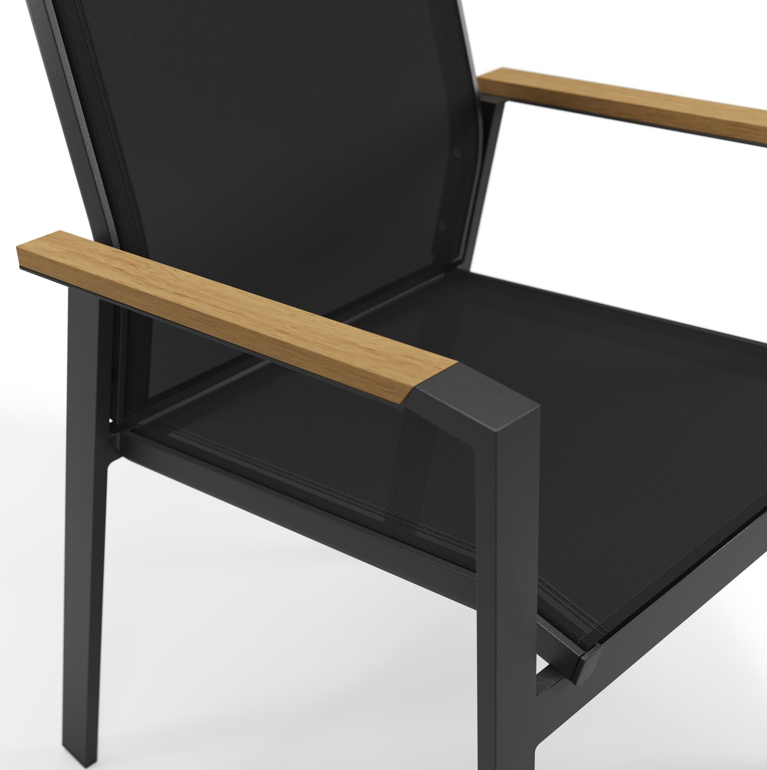 Bahia tuinstoel in zwart aluminium en zwart textilene en polywood armleuning