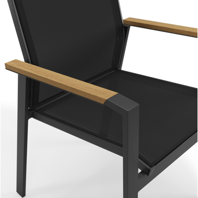 Bahia tuinstoel in zwart aluminium en zwart textilene en polywood armleuning
