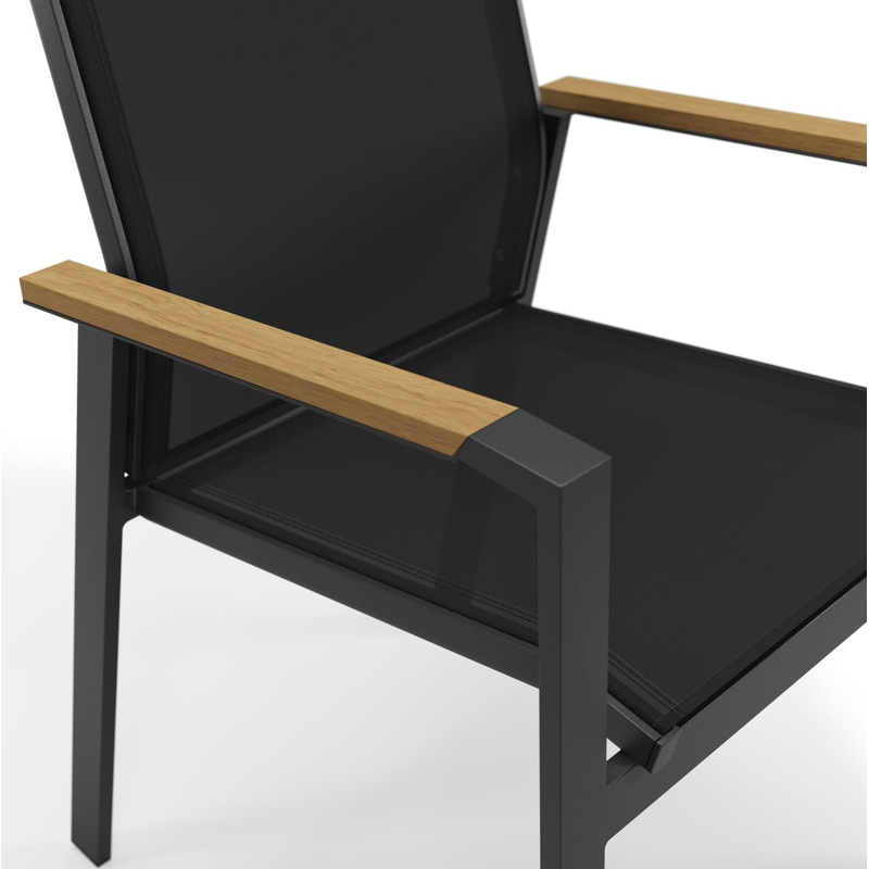 Bahia tuinstoel in zwart aluminium en zwart textilene en polywood armleuning