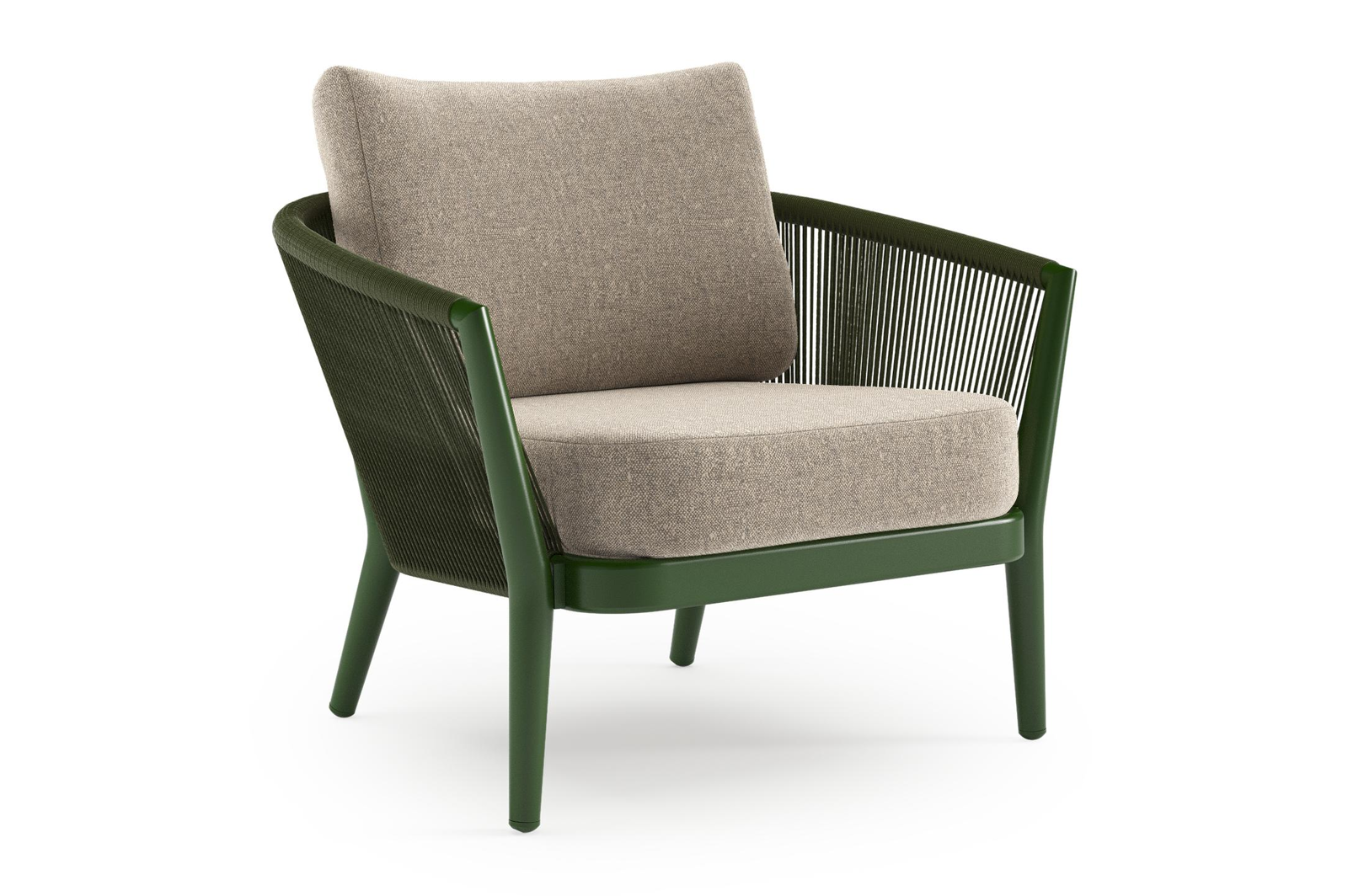 Orso loungestoel in groen aluminium en groen verticaal geweven ronde rope met Chartres Pewter all weather sunbrella® luxe kussen