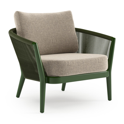 Orso loungestoel in groen aluminium en groen verticaal geweven ronde rope met Chartres Pewter all weather sunbrella® luxe kussen