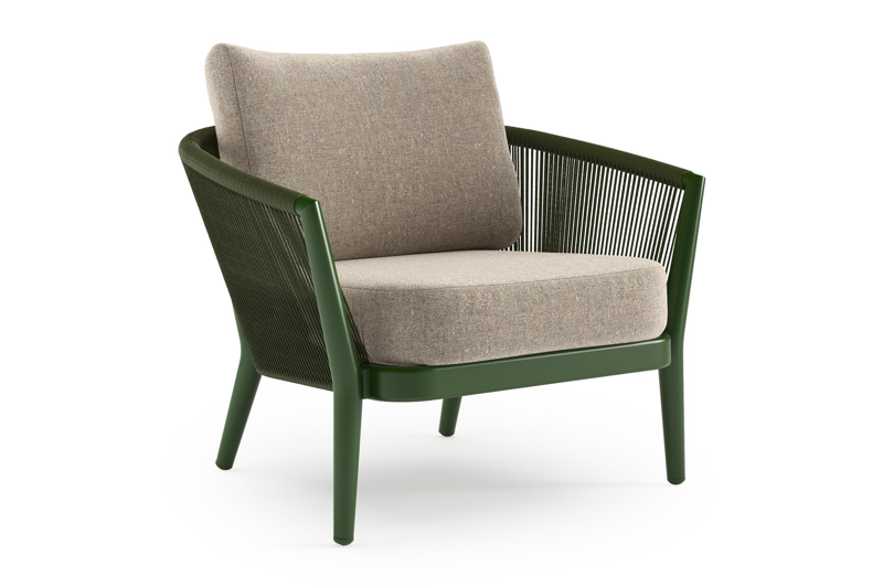 Orso loungestoel in groen aluminium en groen verticaal geweven ronde rope met Chartres Pewter all weather sunbrella® luxe kussen