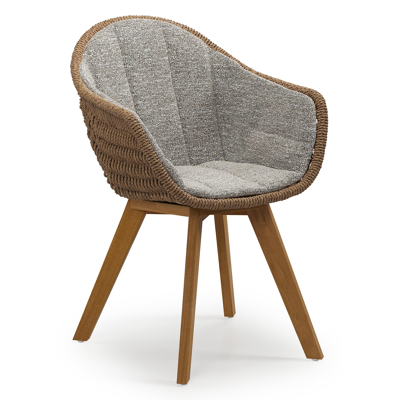 Pagino tuinstoel in teak en bruin ronde wicker met zitkussen in All Weather Sunbrella® Luxe Tundra Pepper