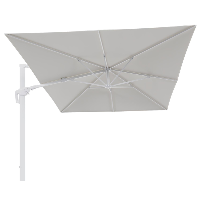 Minore zweefparasol tiltfunctie in wit aluminium en parasoldoek in All Weather Sunbrella® Luxe Natte White - L1 400 x L2 300 cm (zonder voet)