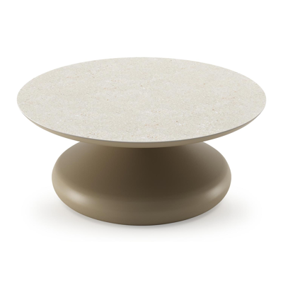 Bomero loungetafel rond in beige aluminium en volkeramiek Shilin - Dia. 84 x H 32.2 cm