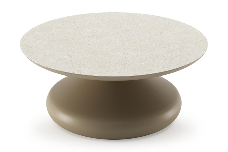 Bomero loungetafel rond in beige aluminium en volkeramiek Shilin - Dia. 84 x H 32.2 cm