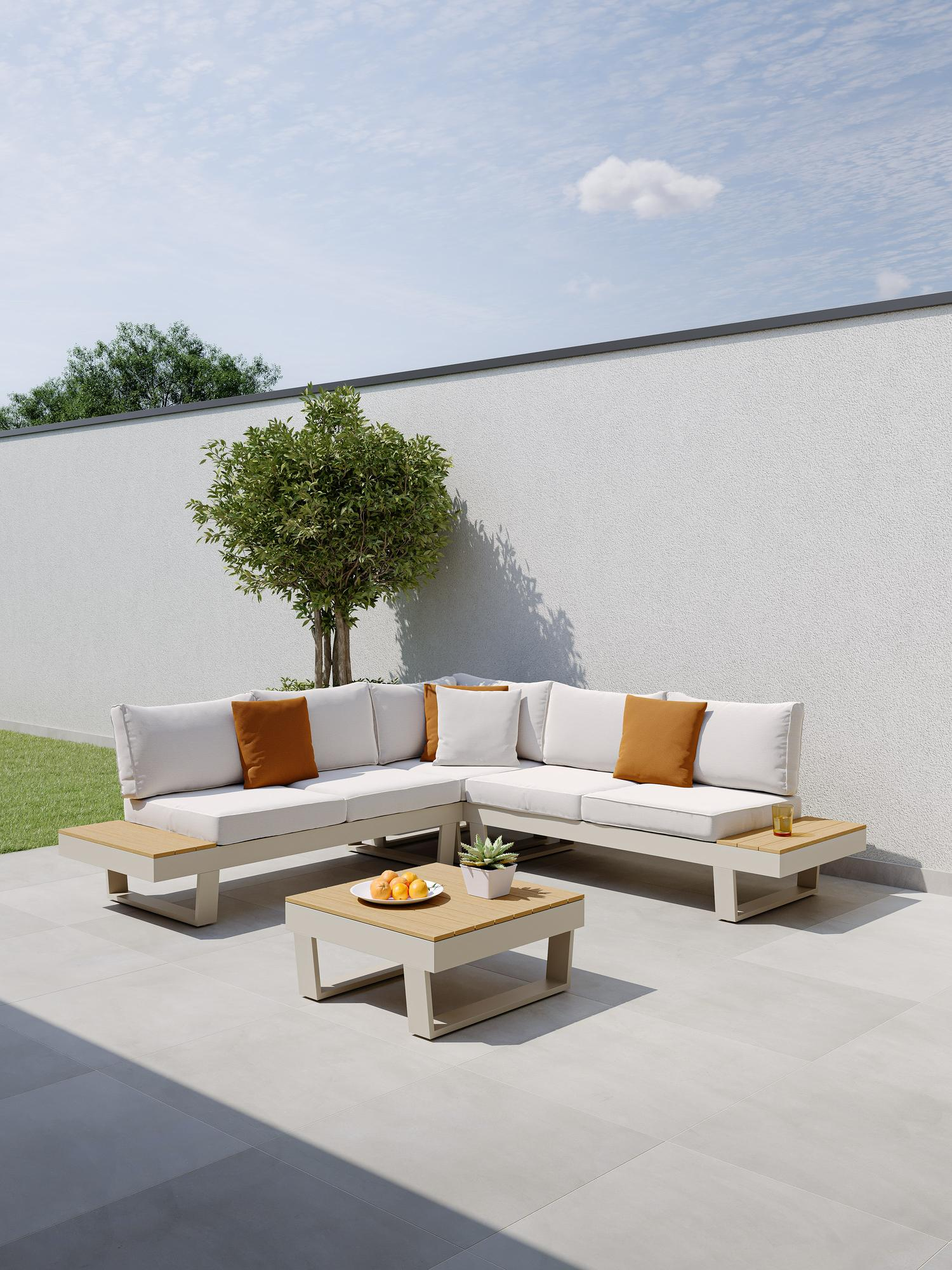 Salon de jardin d'angle Alora en aluminium blanc avec coussins en weather+ softtouch beige