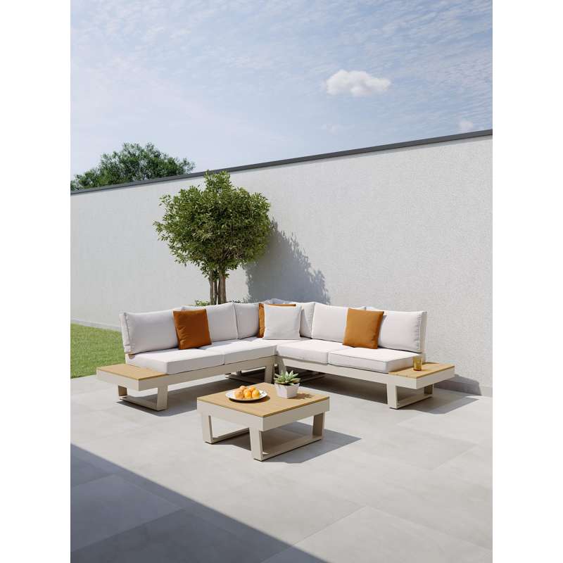 Alora loungehoek in wit aluminium met beige weather+ softtouch kussens