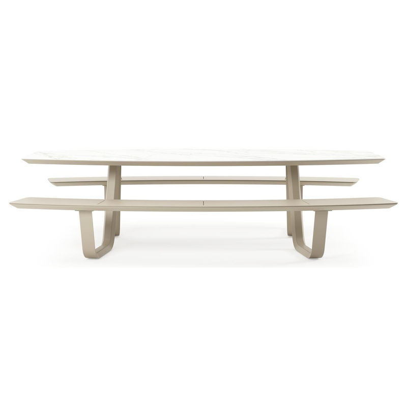 Forno picknicktafel bootvorm in beige aluminium en volkeramiek Calacatta - L 280 x B 192 x H 72 cm