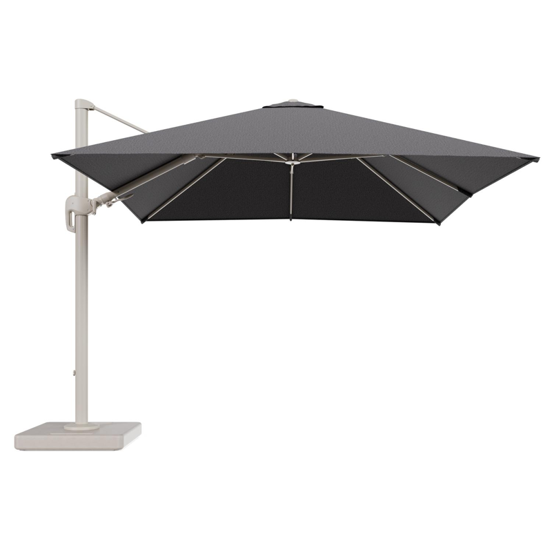 Parasol pendant Rufina avec fonction tilt en aluminium beige et toile de parasol en All Weather Solica Firenze Tunder - Lg.1 300 x Lg.2 300 cm avec pied de parasol Lapido 160 kg