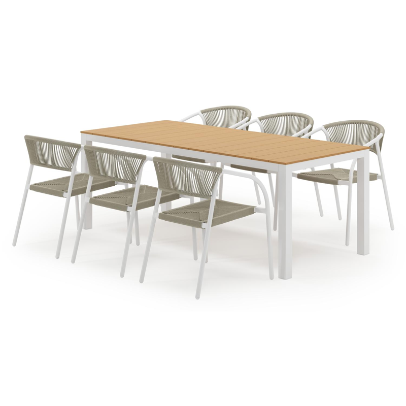 Toma tuinset in wit aluminium en polywood met 6 stapelbare Melo tuinstoelen