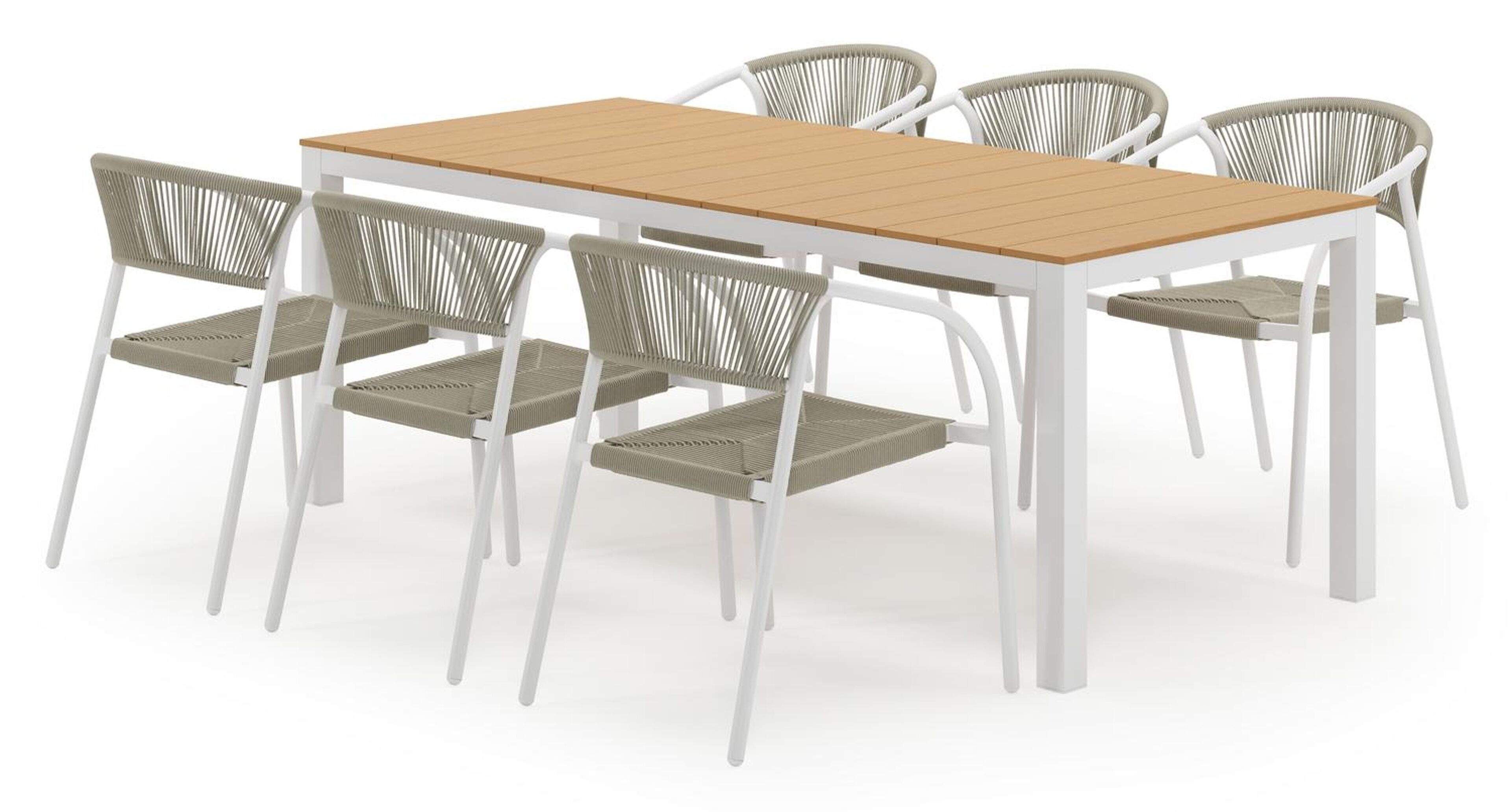 Toma tuinset in wit aluminium en polywood met 6 stapelbare Melo tuinstoelen