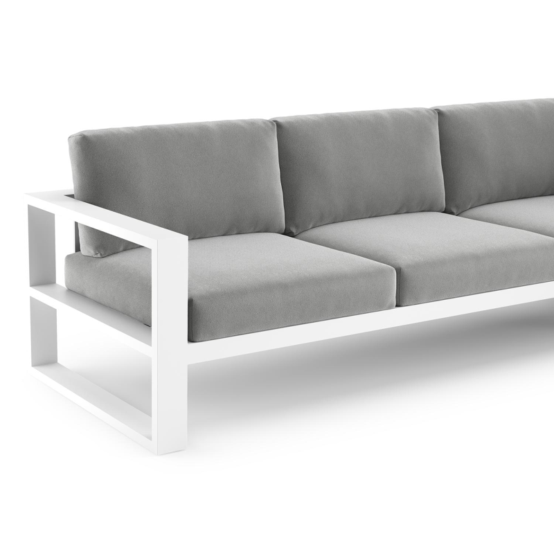 Verato loungehoek in wit aluminium met savane grey all weather sunbrella® luxe kussen