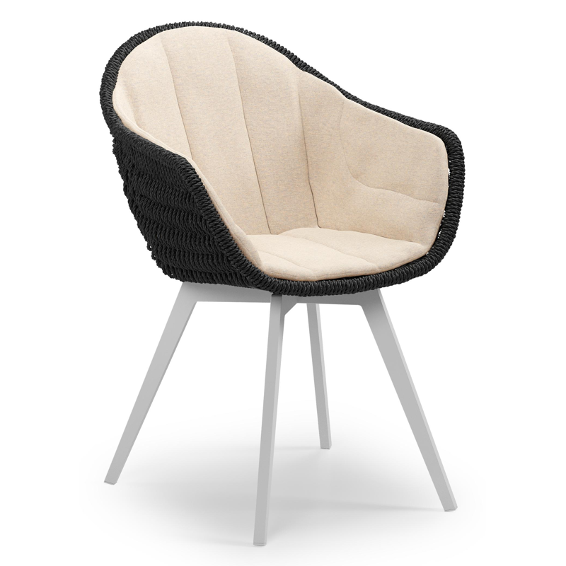 Pagino tuinstoel in wit aluminium en zwart ronde wicker met zitkussen in All Weather Sunbrella® Luxe Heritage Papyrus