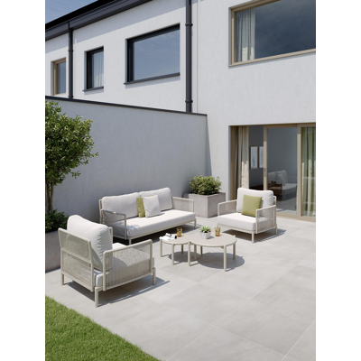 Amarante loungeset in beige aluminium en beige verticaal geweven ronde rope met beige weather+ softtouch kussens