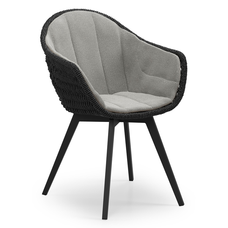 Pagino tuinstoel in zwart aluminium en zwart ronde wicker met zitkussen in All Weather Sunbrella® Luxe Savane Zinc