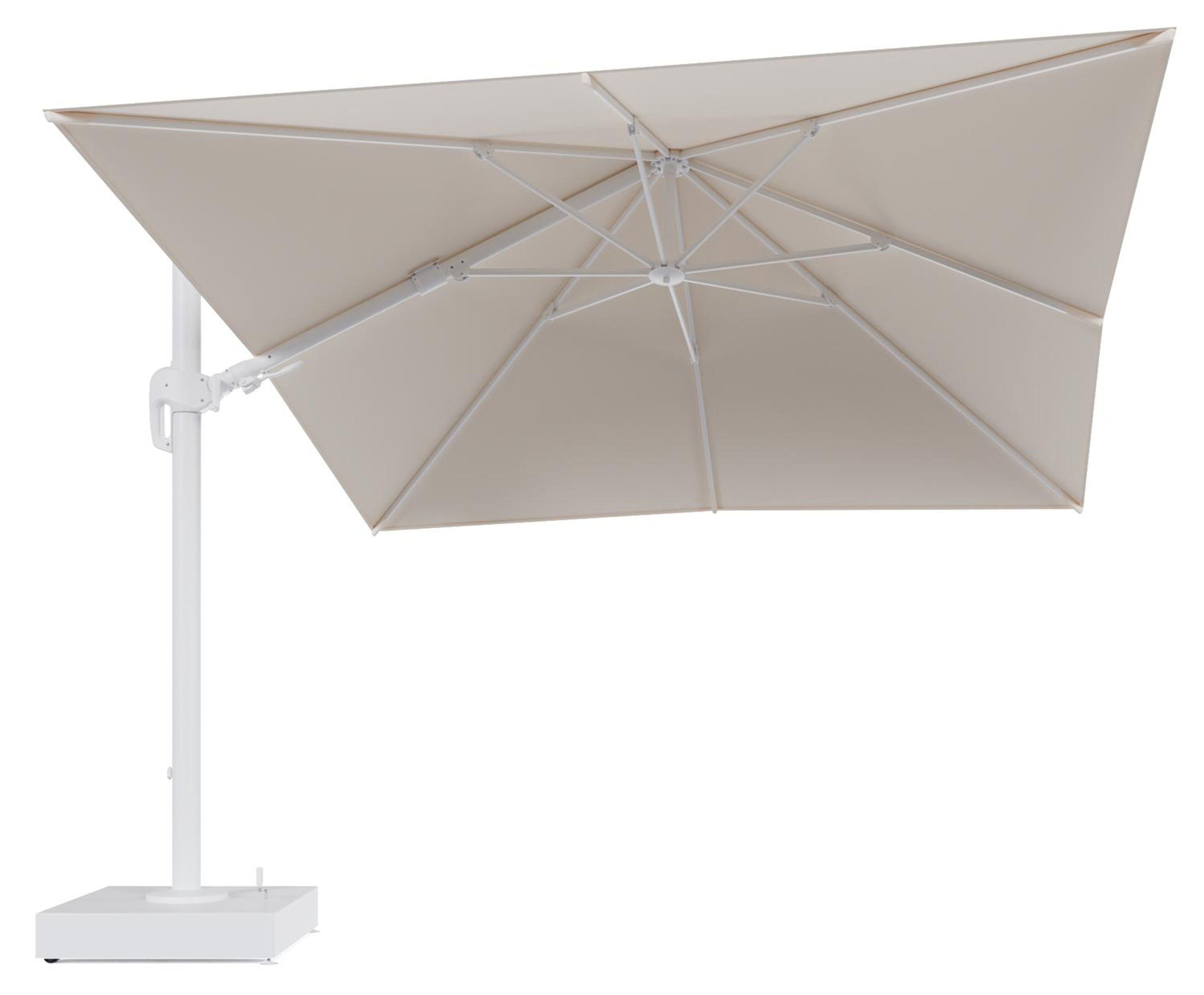 Rufina zweefparasol met tiltfunctie in wit aluminium en Natte Linen Chalk All Weather Sunbrella® Luxe parasoldoek - L1 300 x L2 300 cm met parasolvoet Minore 150 kg met wielen