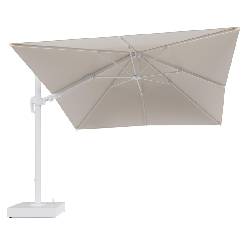 Rufina zweefparasol met tiltfunctie in wit aluminium en Natte Linen Chalk All Weather Sunbrella® Luxe parasoldoek - L1 300 x L2 300 cm met parasolvoet Minore 150 kg met wielen