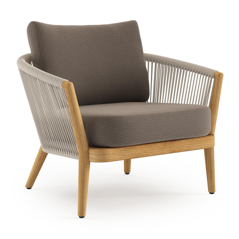 Orso loungestoel in teak en beige verticaal geweven ronde rope met Lopi Coconut all weather sunbrella® luxe kussen