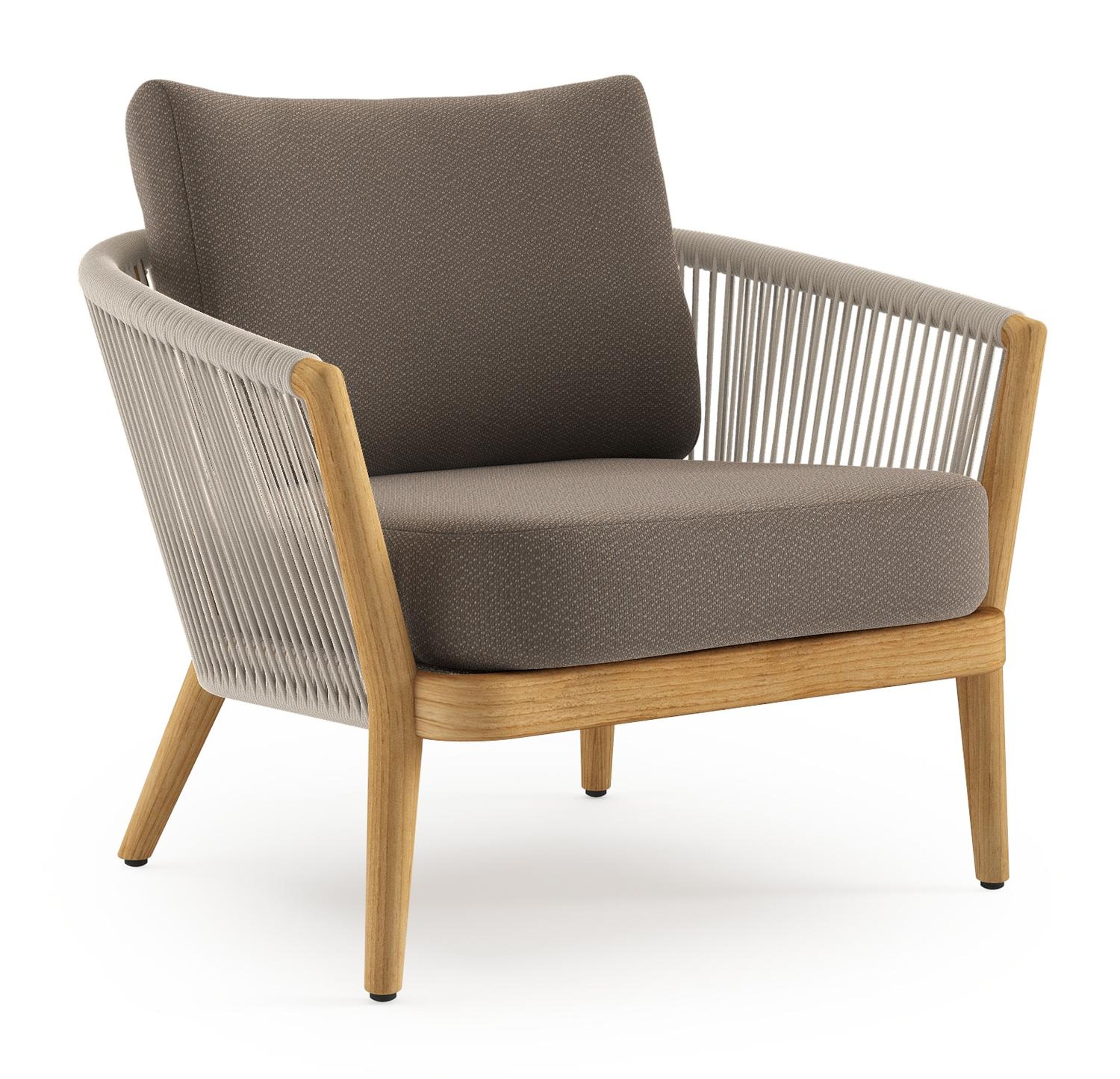 Orso loungestoel in teak en beige verticaal geweven ronde rope met Lopi Coconut all weather sunbrella® luxe kussen